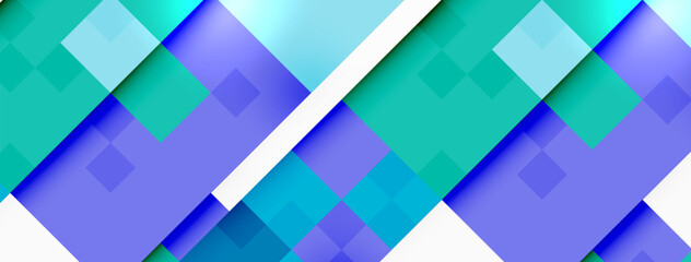 An abstract background featuring a vibrant color palette of blue, azure, purple, and violet. Geometric shapes like rectangles and triangles create a modern art piece with aqua hues