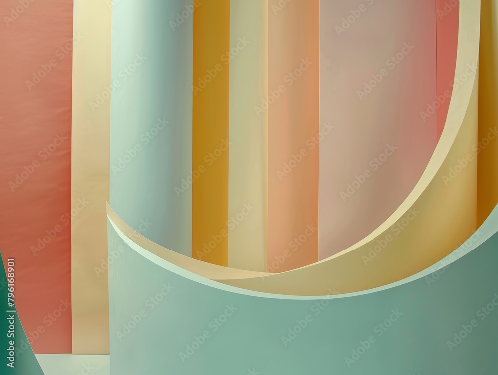 Poster layered paper cut-outs of abstract shapes create depth with a playful use of shadows in soft pastel 