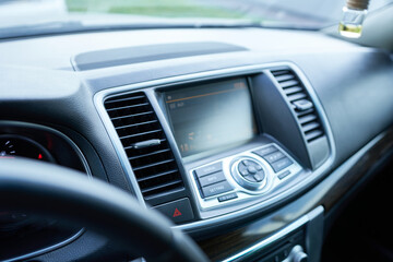 Close up of the interior of a modern car. Selective focus