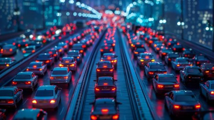 Obraz premium A long line of vehicles waiting at a bottleneck point, exacerbating traffic congestion