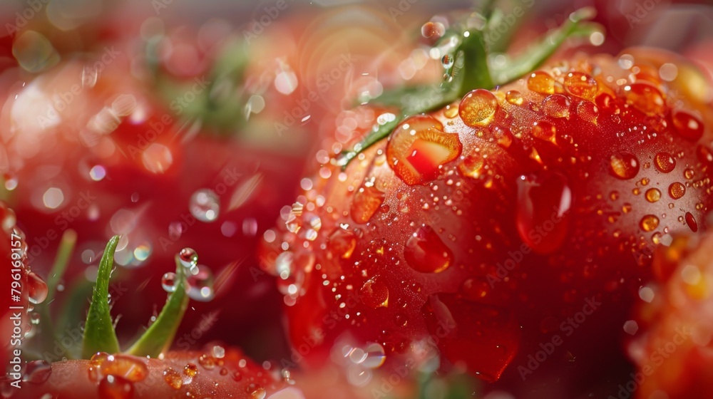 Aufkleber a macro shot capturing sparkling water droplets cascading down the surface of ripe tomatoes, enhanci