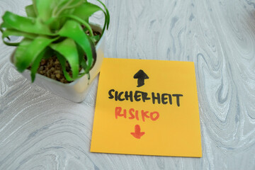Concept of Sicherheit or Risiko write on sticky notes isolated on Wooden Table.