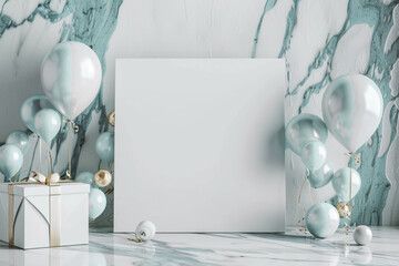 Sleek blank paper board mockup on marble minimalist editorial vibe birthday setup