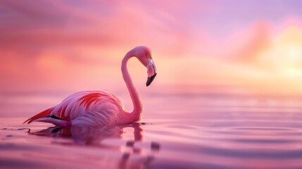 Fototapeta premium A serene flamingo stands in calm waters under a vibrant pink sunset sky.