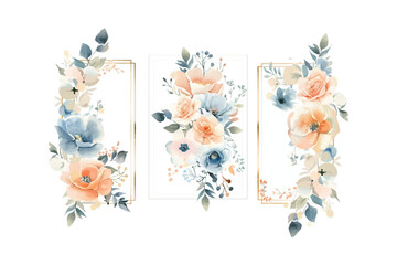 Delicate watercolor blossoms in soft peach and blue whisper across a white canvas, adorned with a thin gold frame.