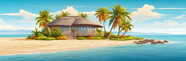 Modern tropical bungalow Illustration with a thatched roof on the beach with palm trees by the sea. Rent accommodation on a trip, a secluded vacation in a separate bungalow - obrazy, fototapety, plakaty