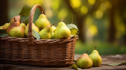 Fresh organic pears in a rustic basket, soft focus with an orchard backdrop,