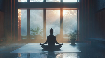 Silhouette of a person meditating in a foggy room at dawn.