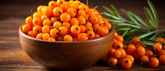 Organic sea buckthorn berries in a bowl, bright orange, superfood rich in vitamins, - obrazy, fototapety, plakaty