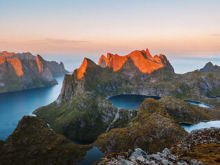 Lofoten islands aerial view sunset landscape in Norway mountains and lakes travel beautiful...