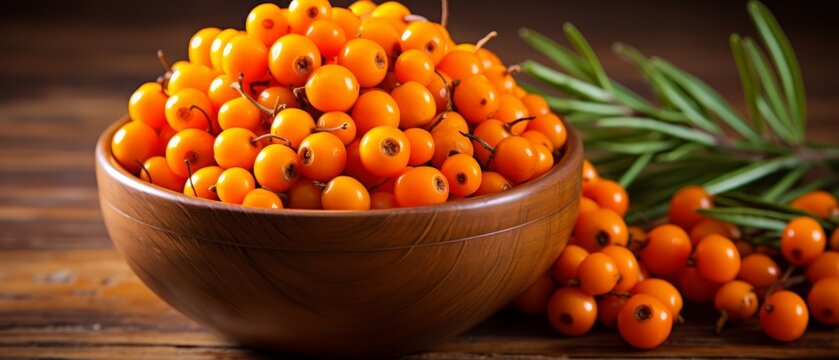 Organic sea buckthorn berries in a bowl, bright orange, superfood rich in vitamins,