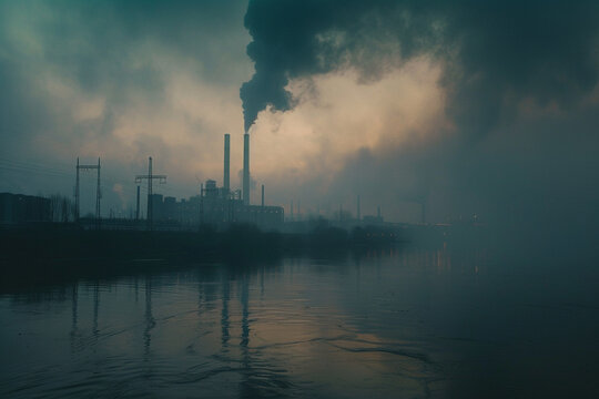 Smog-filled skies over a polluted river, highlighting the dangers of unchecked industrialization