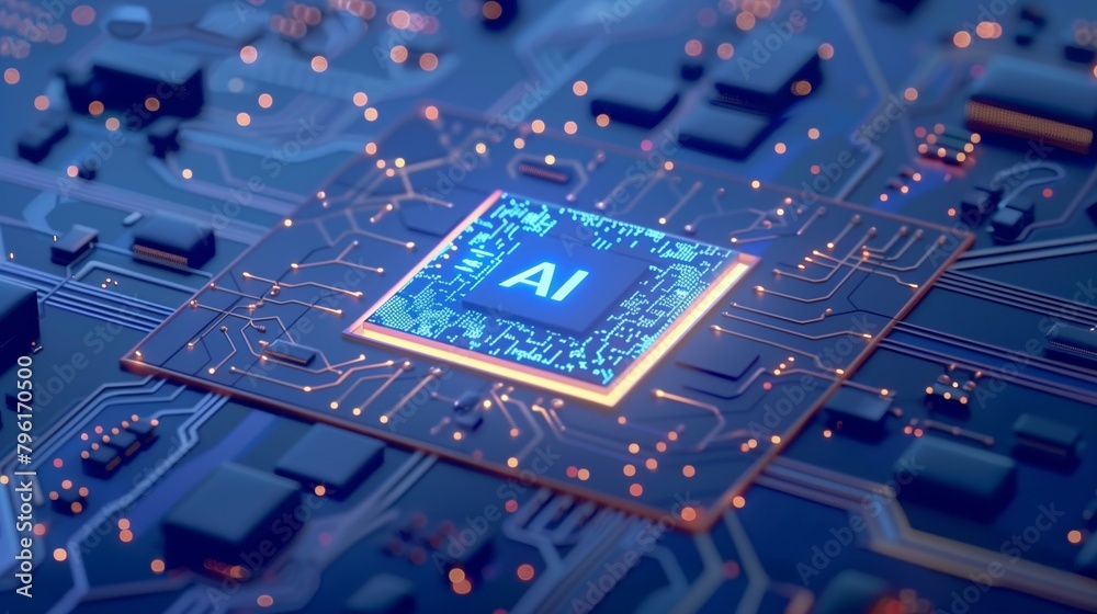 Sticker detailed view of an ai processor chip on a blue circuit board with glowing elements.