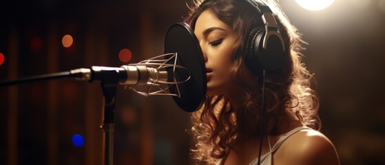 Young female singer-songwriter practicing vocals in a modern recording studio, headphones on, microphone in focus, - obrazy, fototapety, plakaty