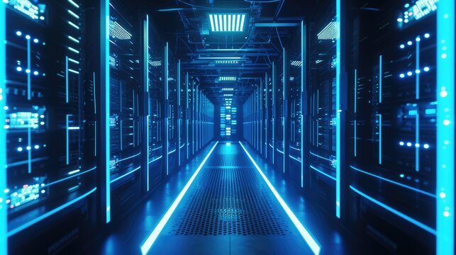 A parallel row of servers, adorned in electric blue, fills a technology-driven data center hallway with a symmetrical display of power and Azure technology. AIG41