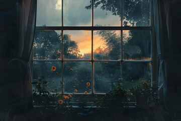 soft light at dusk, illuminating the scene from a large window - obrazy, fototapety, plakaty