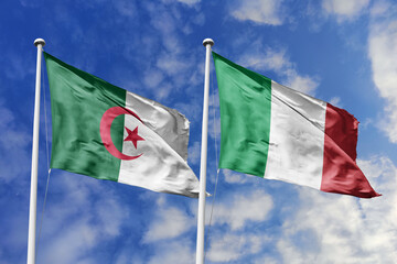 3d illustration. Algeria and Italy  Flag waving in sky. High detailed waving flag. 3D render. Waving in sky. Flags fluttered in the cloudy sky.