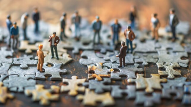 Miniature people standing on a puzzle, depicting teamwork and problem solving in a creative concept.
