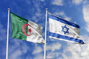 3d illustration. Algeria and Israel Flag waving in sky. High detailed waving flag. 3D render. Waving in sky. Flags fluttered in the cloudy sky.