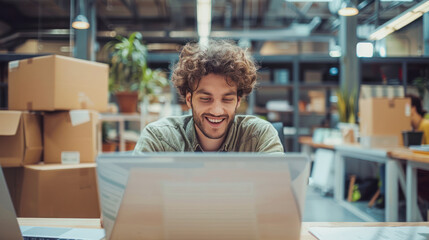 Issuing orders from the warehouse. Young smiling man groups the order. man with a laptop and boxes on the background of the warehouse. Order picker. Delivery, shipping department