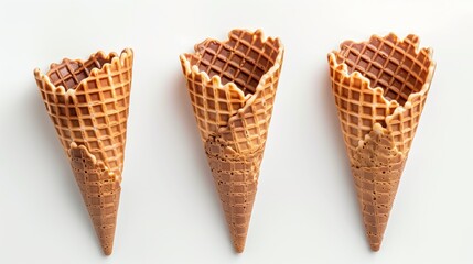 Three empty waffle ice cream cones on a , arranged side by side. - obrazy, fototapety, plakaty