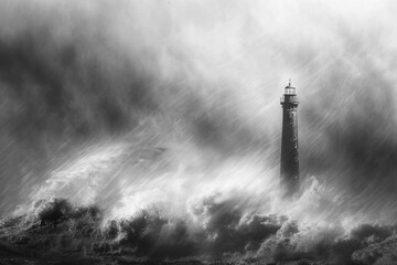 solitary lighthouse standing strong in a storm - obrazy, fototapety, plakaty