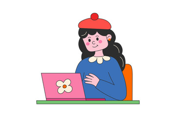 Woman with laptop, online education or online working concept. Vector illustration in flat retro style.