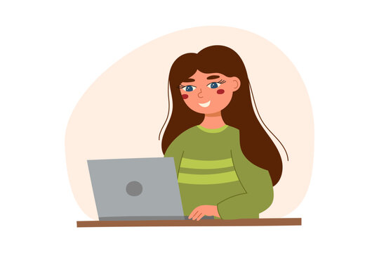 Woman with laptop, online education or online working concept. Vector illustration in flat style.