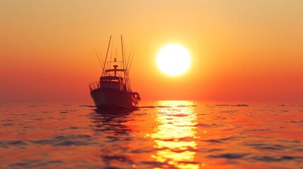 A boat is sailing in the ocean with the sun setting in the background
