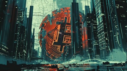 A giant bitcoin stuck rooted in a city near a long-abandoned tall building. hinting at the success of bitcoin and the demise of the conventional economy - obrazy, fototapety, plakaty
