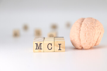 MCI abbreviation Mild Cognitive Impairment concept on white background with a human brain