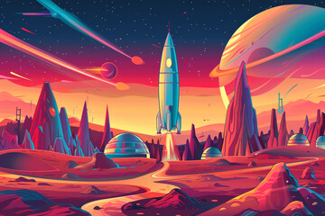 Space Colonization Dome cities on Mars with a classic rocket ship landing in bright optimistic colors - obrazy, fototapety, plakaty