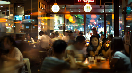 Photo of a busy restaurant, showing vibrant customer interaction. 