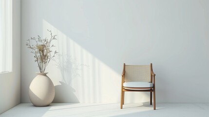 A minimalist interior decor with a large beige vase holding dried flowers beside a wood frame chair.