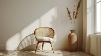 Warm sunlight filters into a room highlighting a wicker chair and a large vase with pampas grass. - obrazy, fototapety, plakaty