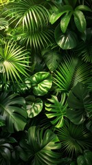Immersive lush jungle green leaves blend with abstract hidden geometric patterns on the wallpaper