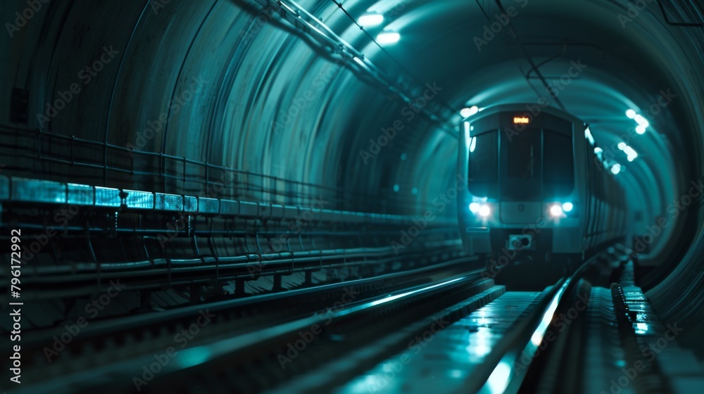 Poster a metro train passing through an underground tunnel, its lights illuminating the darkness as it tran