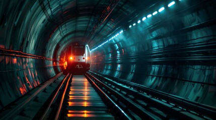 A metro train passing through an underground tunnel, its lights illuminating the darkness as it transports passengers swiftly and safely beneath the city streets.