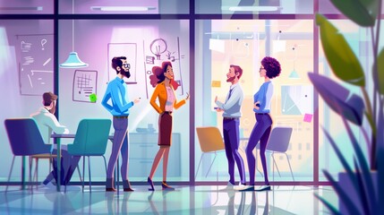 Colorful illustration of a diverse group of professionals engaging in a discussion inside a modern office with city views.