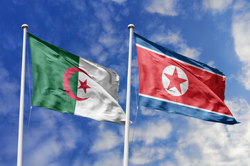3d illustration. Algeria and North Korea Flag waving in sky. High detailed waving flag. 3D render. Waving in sky. Flags fluttered in the cloudy sky.
