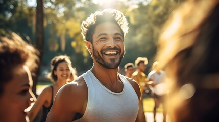 Energetic Fitness Instructor Leading Group Exercise Class in Sunlit Park