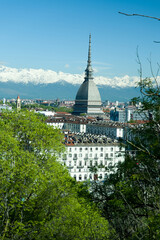 Views of the city of Turin surrounded by snow-capped mountains