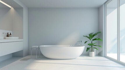 Fototapeta na wymiar A minimalist bathroom with clean lines and simple fixtures, featuring a sleek bathtub and minimalist vanity for a serene and spa-like bathing experience.