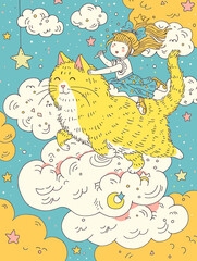 A child riding a cat is flying in the sky
