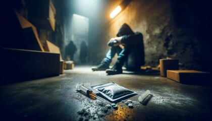 Person desperate for drugs in a gloomy urban alley
