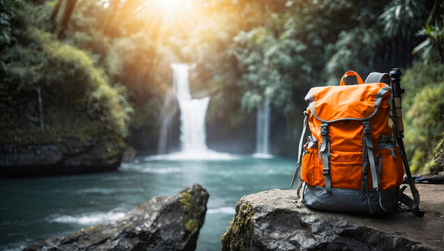 Orange hiking backpack on the background of a waterfall in the rainforest. Travel, trekking tour to wild, exotic places, tourism, outdoor activities. 