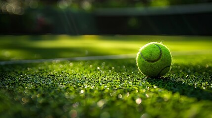 Solitary tennis ball rests on the vibrant green surface of a sunlit tennis court