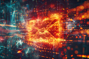 Speeding virtual envelope on fire, holographic interface, blur effect, central focus, cool tones