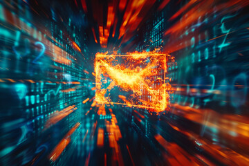 Obraz premium Speeding virtual envelope on fire, holographic interface, blur effect, central focus, cool tones