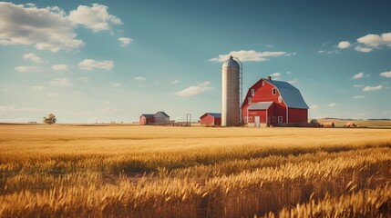 Peaceful Rural Landscape with Iconic Red Barn and Silo Surrounded by Golden Wheat Fields
